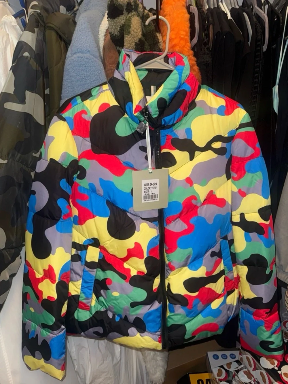 Womens Multicolor Camouflage Puffer Jacket - Bright Multi